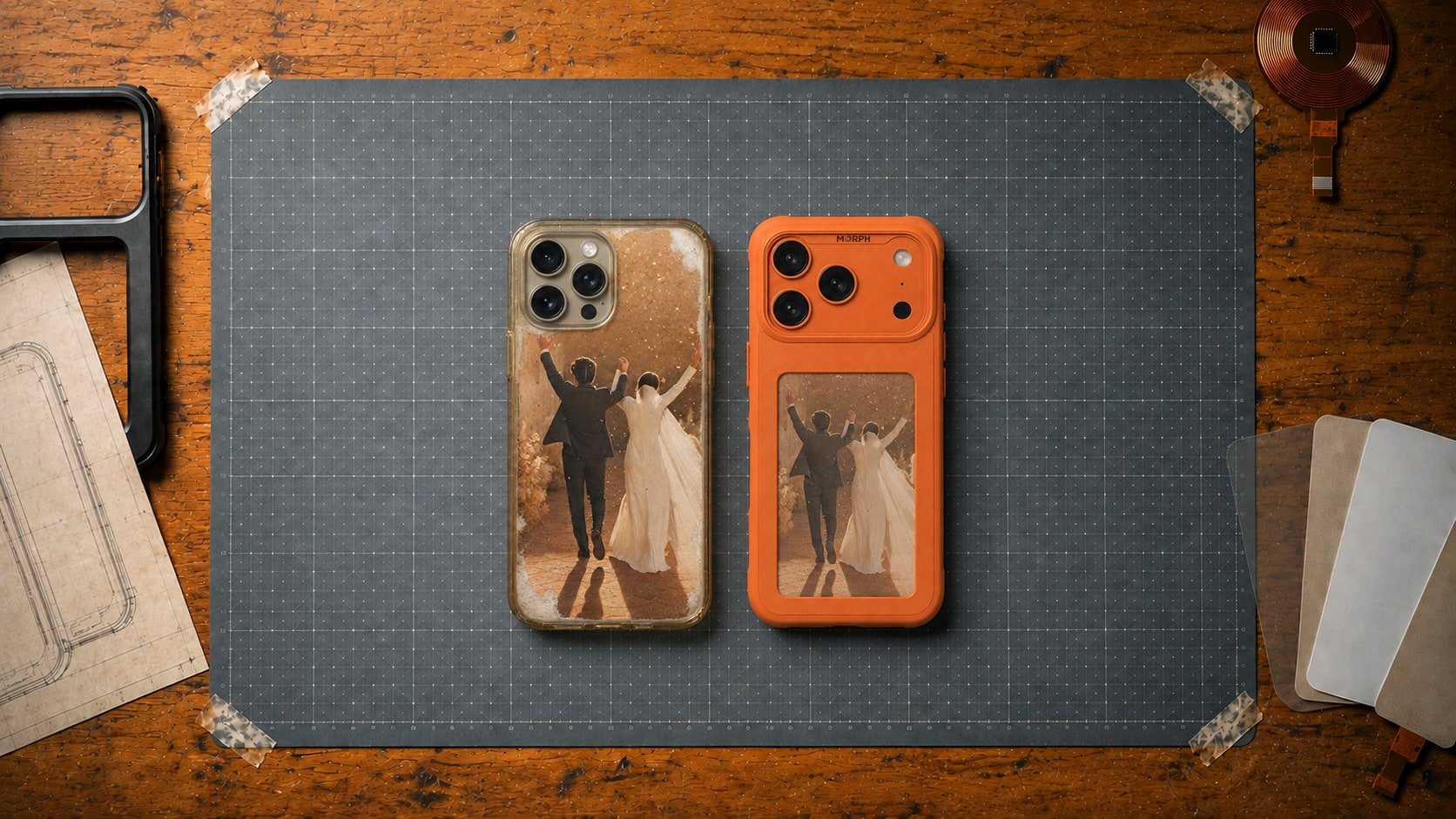 A black case and an orange case side by side, both panels carrying the same photograph of two people with their arms raised in a field.