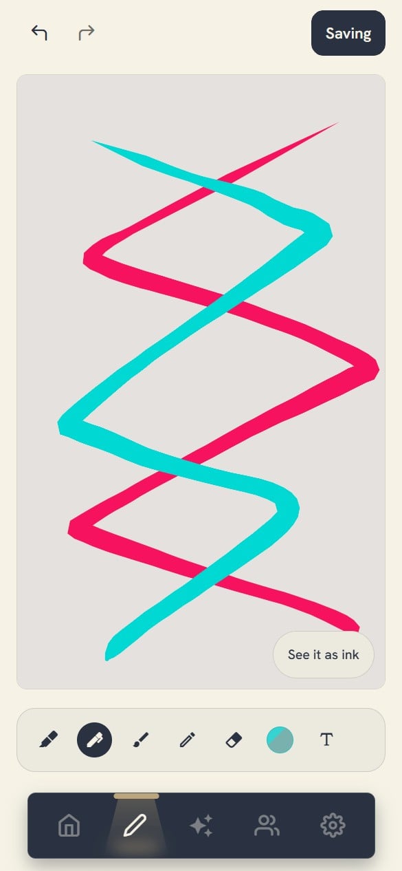 The canvas in Morph Yours, mid-drawing: a freehand zigzag in pink and turquoise on a pale ground, a row of pen, brush, highlighter, eraser, colour and text tools beneath it, and a Saving badge in the corner.